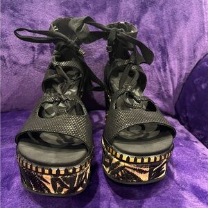 OBT Elegant Lace Up Black Leather and Cork Platform Heel Sandals